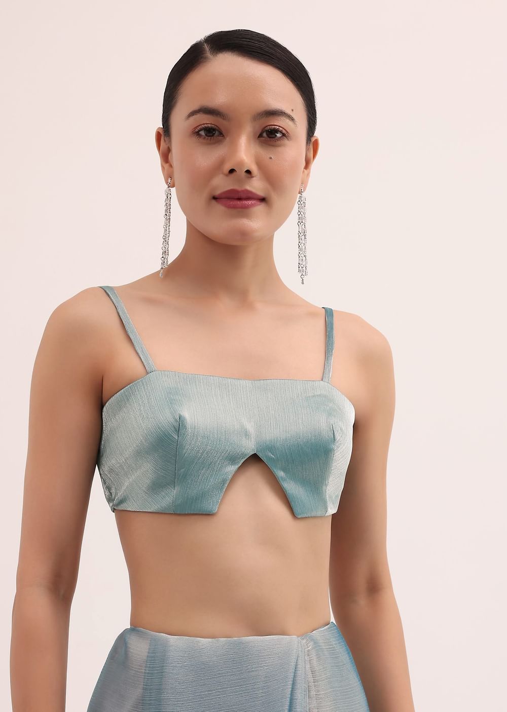 Powder Blue Embroidered Chinnon Saree With Unstitched Blouse