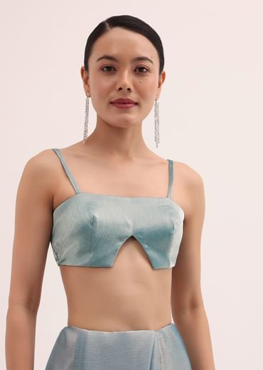 Powder Blue Embroidered Chinnon Saree With Unstitched Blouse