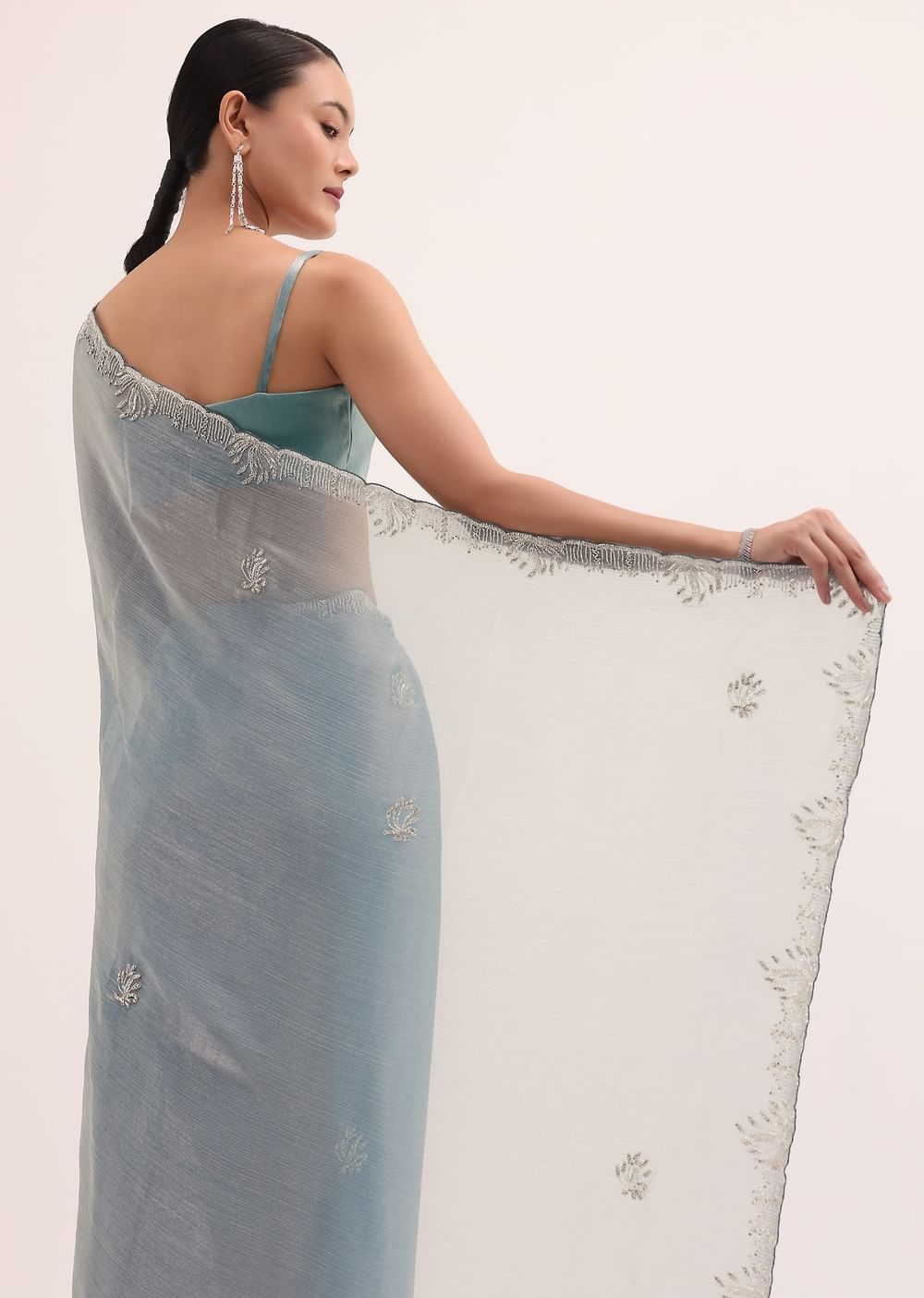 Powder Blue Embroidered Chinnon Saree With Unstitched Blouse