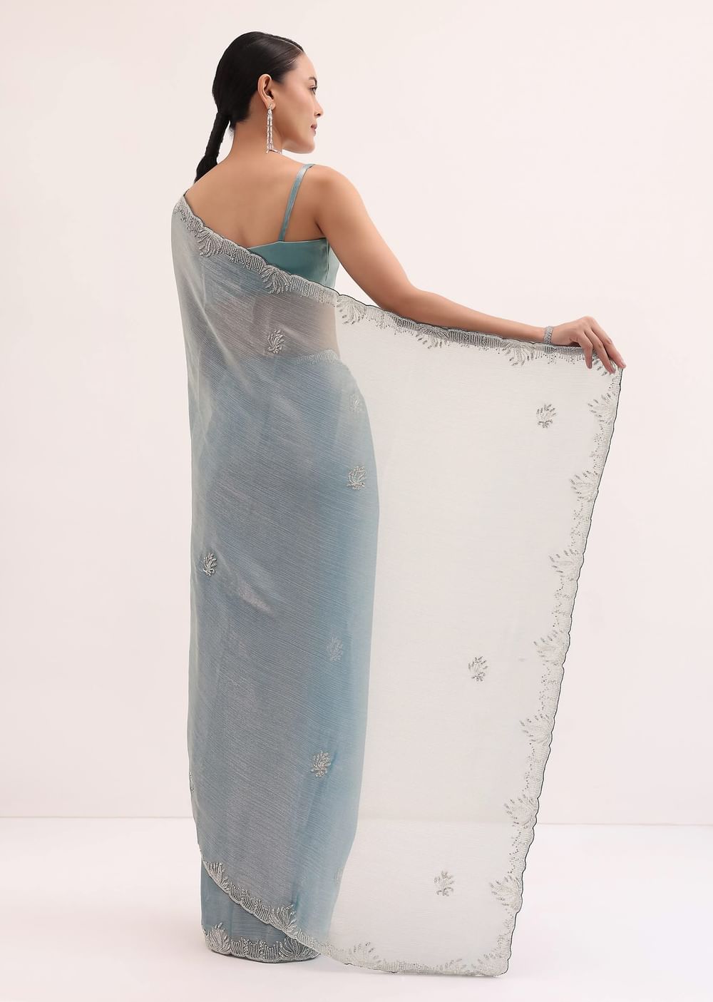 Powder Blue Embroidered Chinnon Saree With Unstitched Blouse