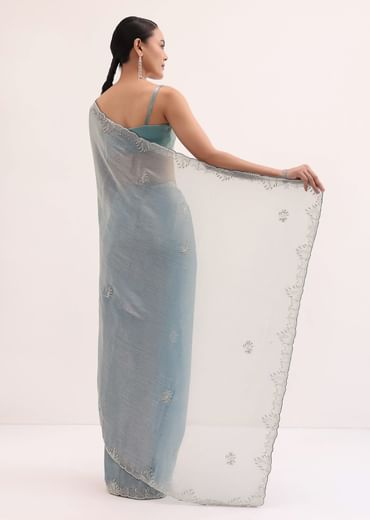 Powder Blue Embroidered Chinnon Saree With Unstitched Blouse