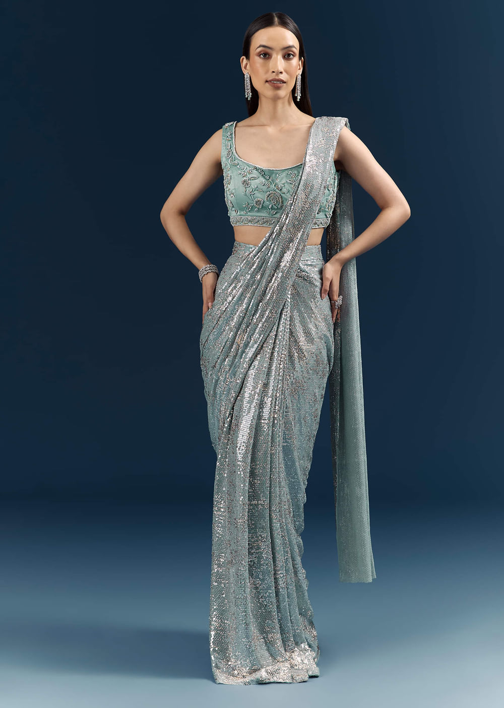 Powder Blue Imported Sequins And Net Ready Pleated Saree With Embroidery