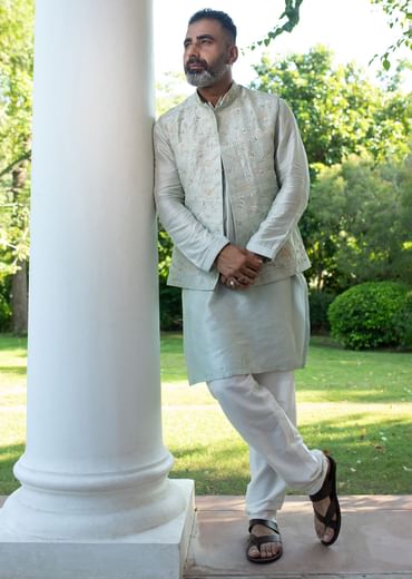 Powder Blue Raw Silk Resham Zardosi Handwork Kurta Jacket Set