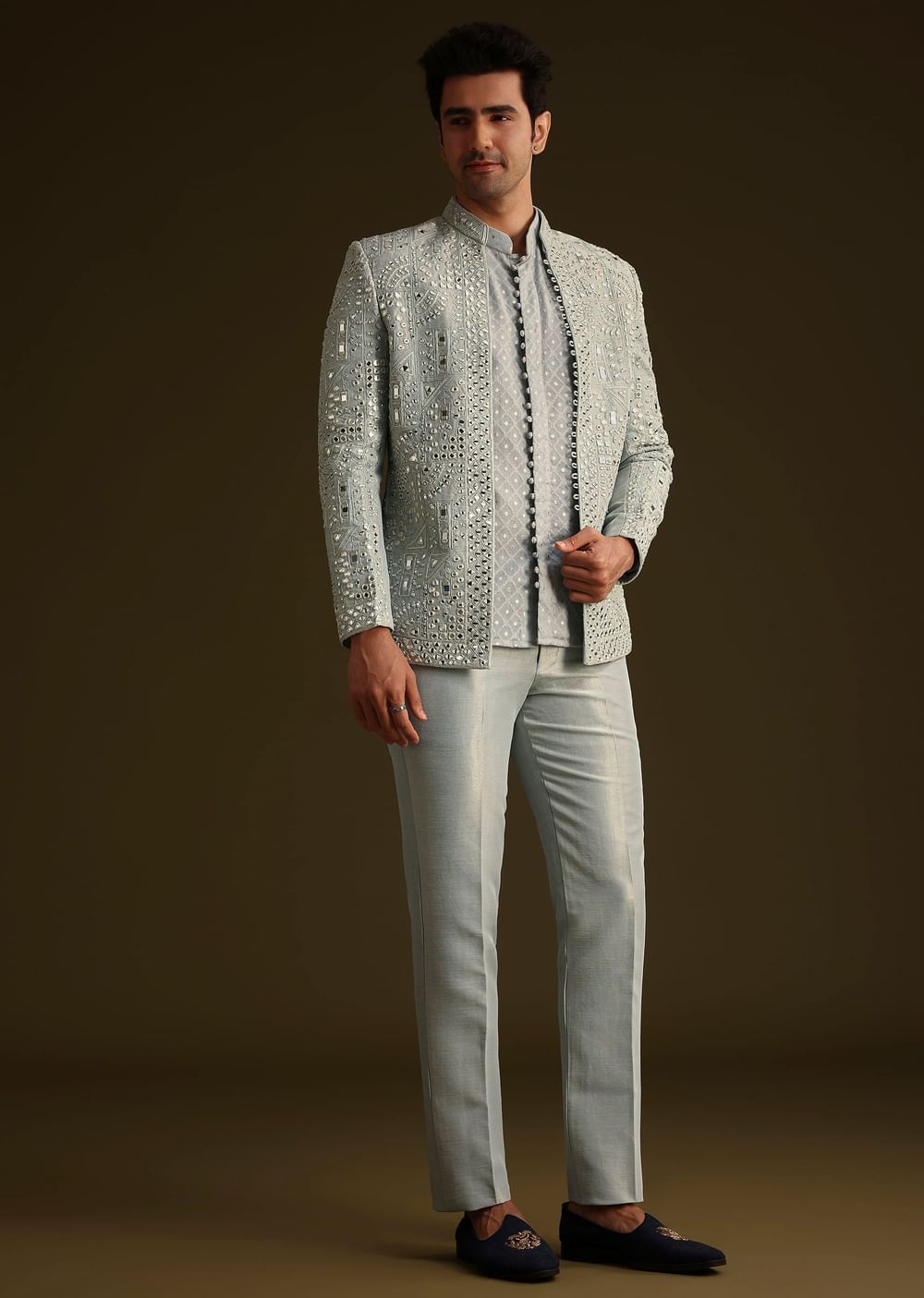 Powder Blue Silk Mirror Work Indo Jacket Set