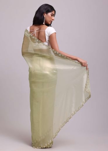 Powder Green Foil Saree In Tissue With Embroidered Borders