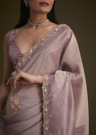 Powder Lavender Tissue Saree With Floral Embroidery