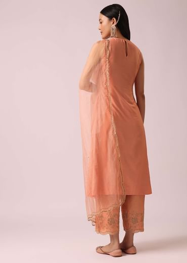 Powder Peach Chanderi Kurta And Pant Set
