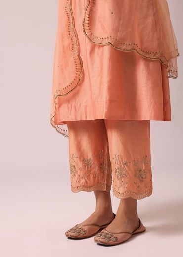 Powder Peach Chanderi Kurta And Pant Set