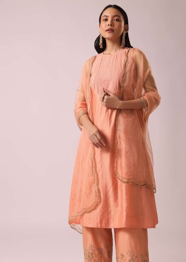 Powder Peach Chanderi Kurta And Pant Set
