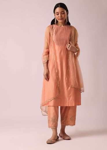 Powder Peach Chanderi Kurta And Pant Set