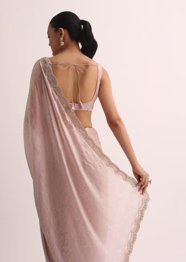Powder Pink Embroidered Saree And Unstitched Blouse