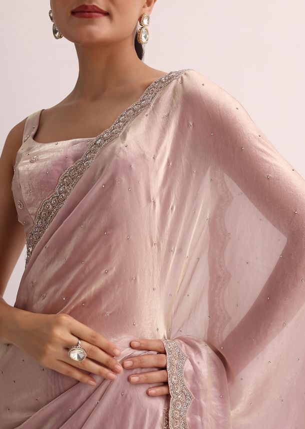 Powder Pink Embroidered Saree And Unstitched Blouse