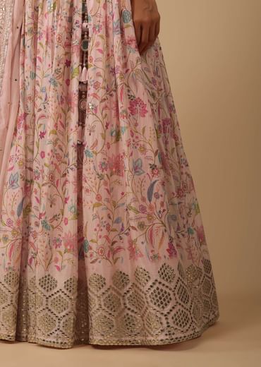 Powder Pink Lehenga Set In Chinon With Floral Print And Gota Work On The Hem