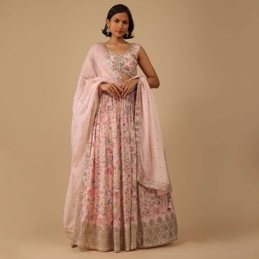 Powder Pink Lehenga Set In Chinon With Floral Print And Gota Work On The Hem