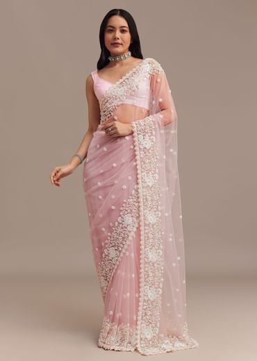 Powder Pink Net Saree Embroidered With Beads And Sequins
