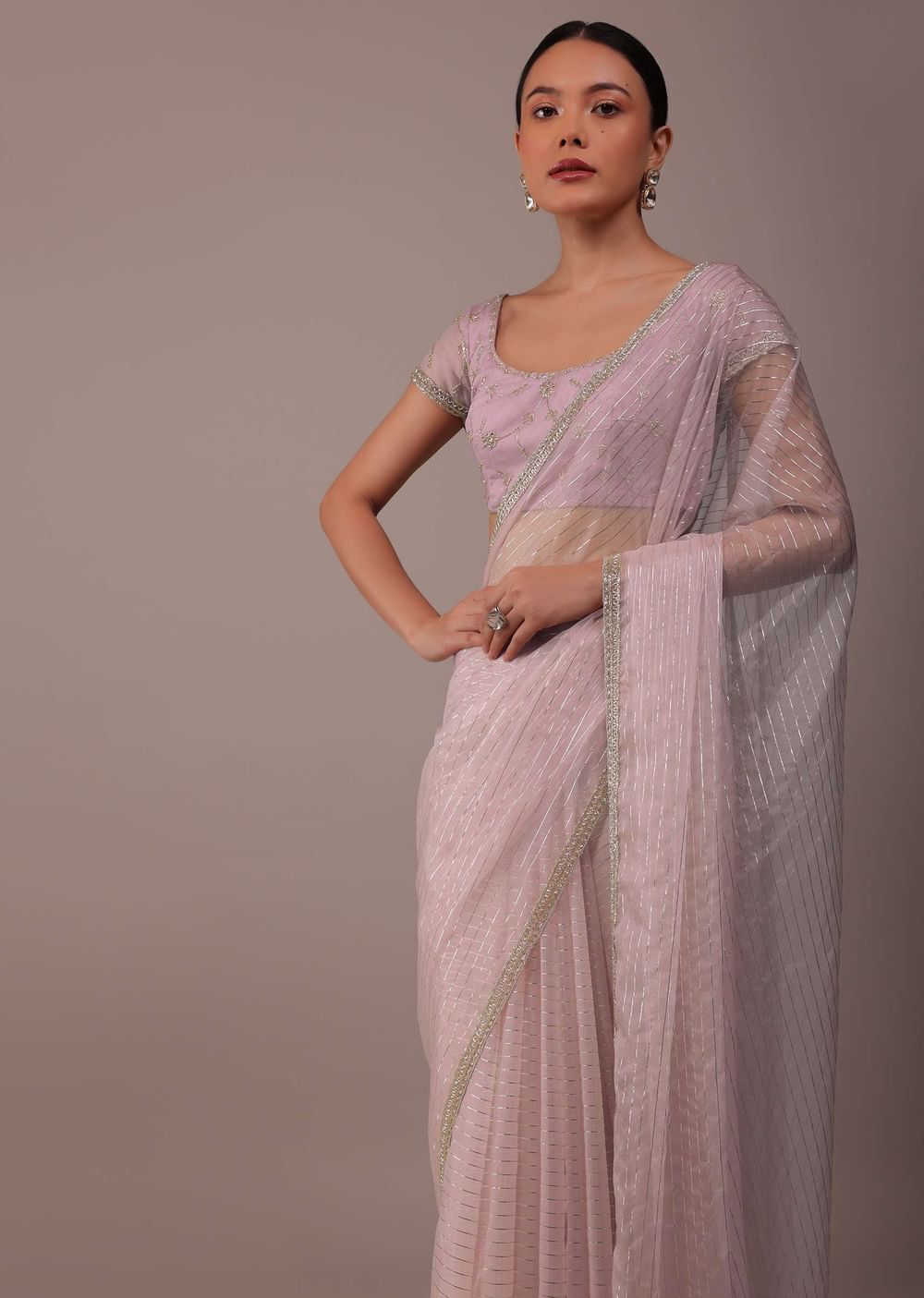 Powder Pink Organza Saree With Zari And Cut Dana Work