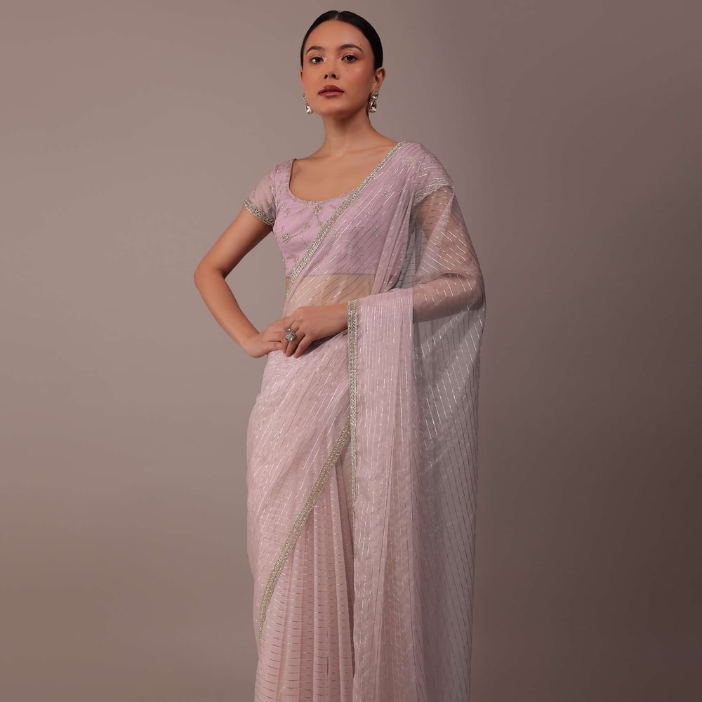 Powder Pink Organza Saree With Zari And Cut Dana Work
