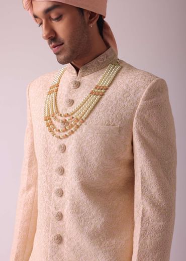 Powder Pink Sherwani In Georgette With Heavy Embroidery