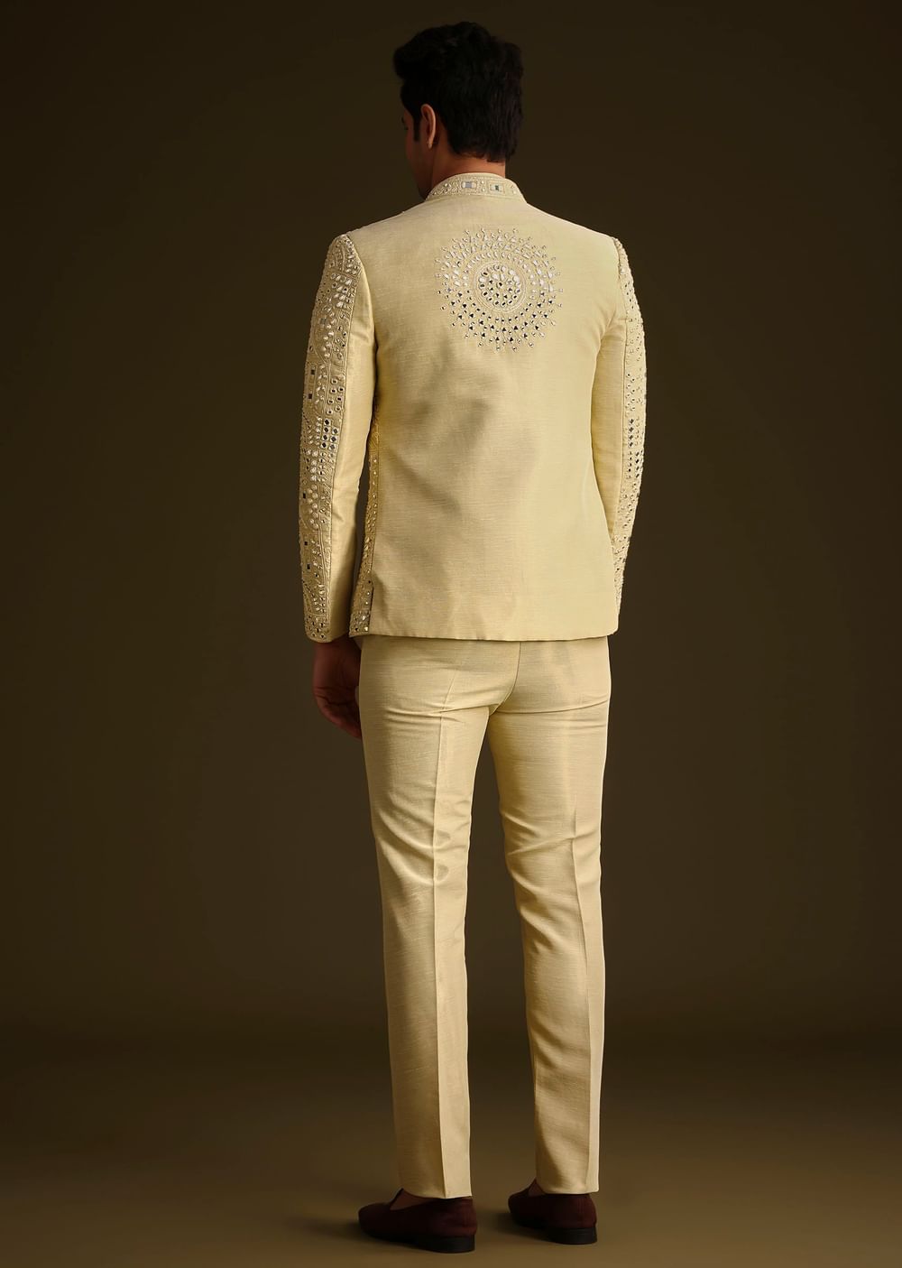 Powder Yellow Silk Mirror Work Indo Jacket Set