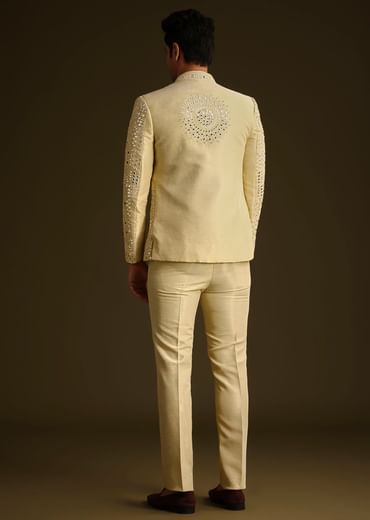 Powder Yellow Silk Mirror Work Indo Jacket Set