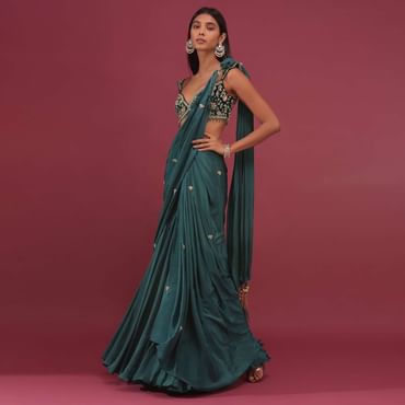Pre-Pleated Emerald Green Saree With Floral Buttis And A Embroidered Blouse - NOOR 2022
