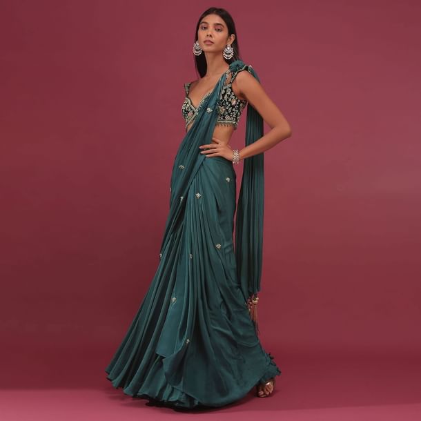 Emerald Green Pre-Pleated Saree With Floral Buttis And Embroidered Blouse - NOOR 2022