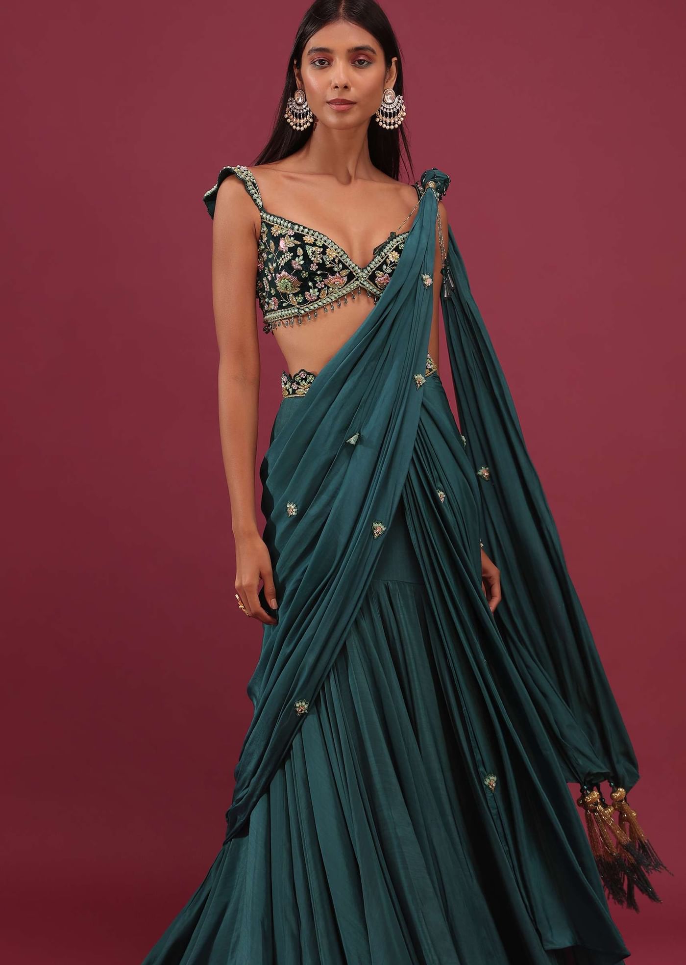 Pre-Pleated Emerald Green Saree With Floral Buttis And A Embroidered Blouse - NOOR 2022