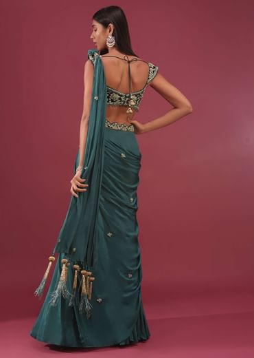 Pre-Pleated Emerald Green Saree With Floral Buttis And A Embroidered Blouse - NOOR 2022