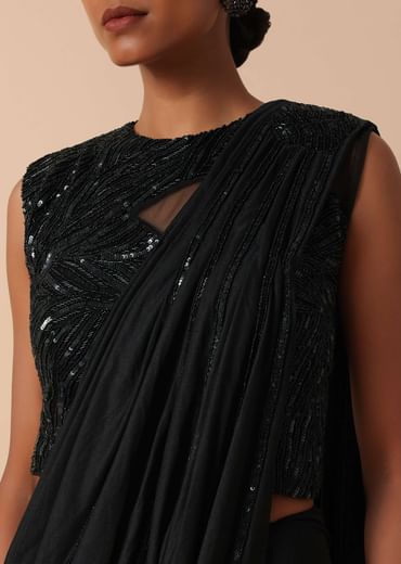Pre Stitched Black Saree With Cut Dana Embellishments