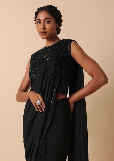 Pre Stitched Black Saree With Cut Dana Embellishments