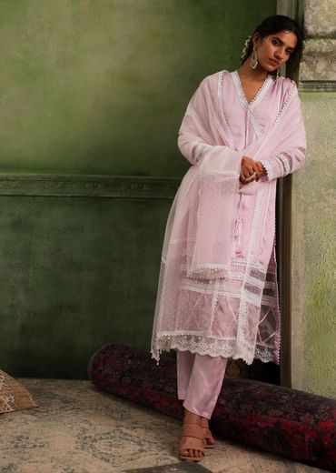 Petal Pink Pant Suit Set In Viscose Silk