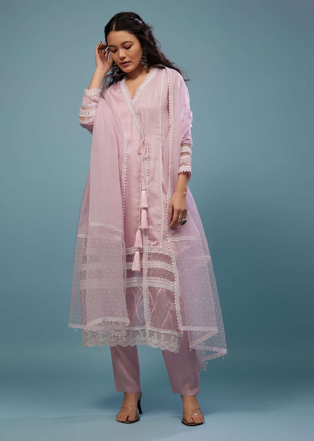 Petal Pink Pant Suit Set In Viscose Silk
