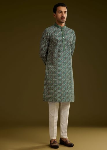 Printed Silk Kurta Set In Peacock Blue