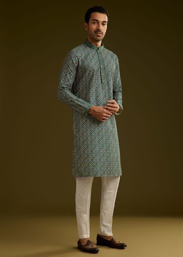 Printed Silk Kurta Set In Peacock Blue