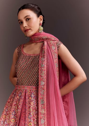 Punch Pink Embroidered Anarkali With Net Dupatta
