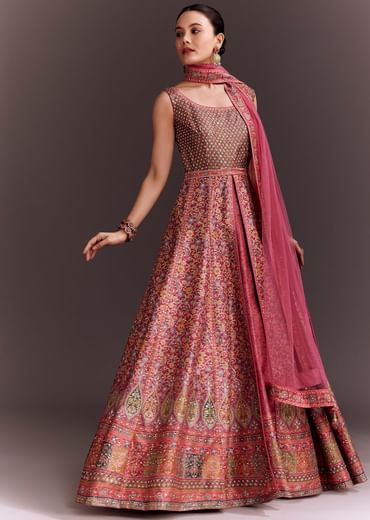 Punch Pink Embroidered Anarkali With Net Dupatta