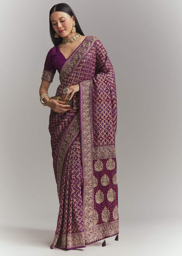 Purple Banarasi Georgette Embroidered Saree With Heavy Hand Embroidery