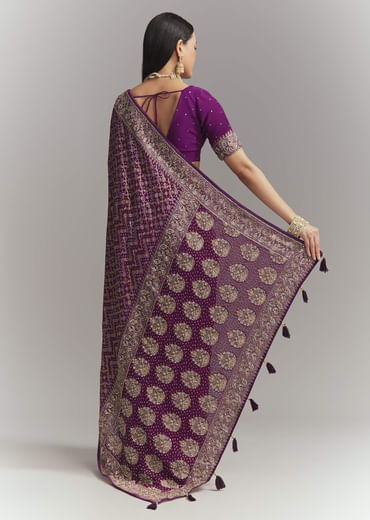 Purple Banarasi Georgette Embroidered Saree With Heavy Hand Embroidery