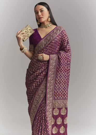 Purple Banarasi Georgette Embroidered Saree With Heavy Hand Embroidery