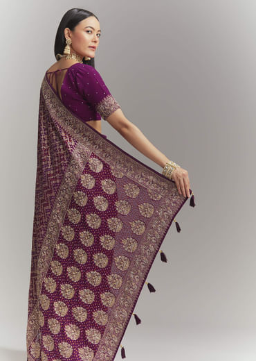 Purple Banarasi Georgette Embroidered Saree With Heavy Hand Embroidery