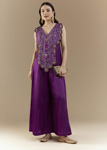 Purple Bandhani with Sequins Work Silk Jumpsuit