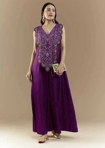 Purple Bandhani with Sequins Work Silk Jumpsuit