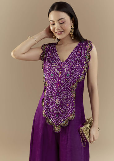 Purple Bandhani with Sequins Work Silk Jumpsuit
