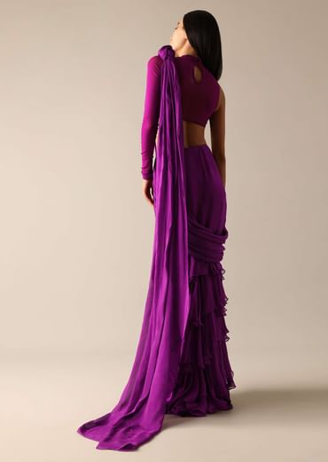 Purple Blouse with Layered Pre Draped Saree