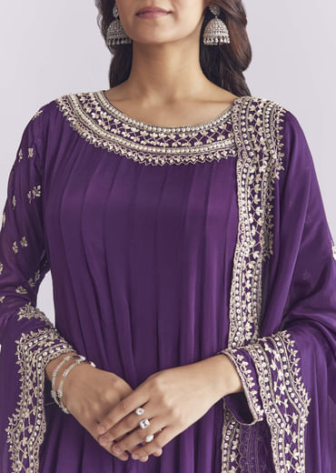 Purple Chinon Anarkali Suit With Cutdana And Sequins Work