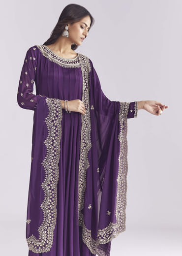 Purple Chinon Anarkali Suit With Cutdana And Sequins Work