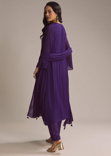 Purple Chinon Anarkali Suit With Zari Work