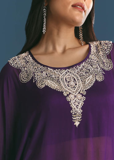 Purple Chinon Embroidered Cape Suit