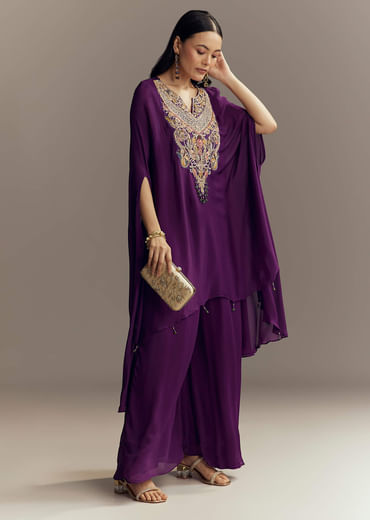 Purple Chinon Indo Western Top And Palazzo Set With Zardosi Work