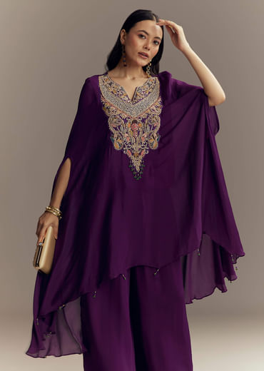 Purple Chinon Indo Western Top And Palazzo Set With Zardosi Work